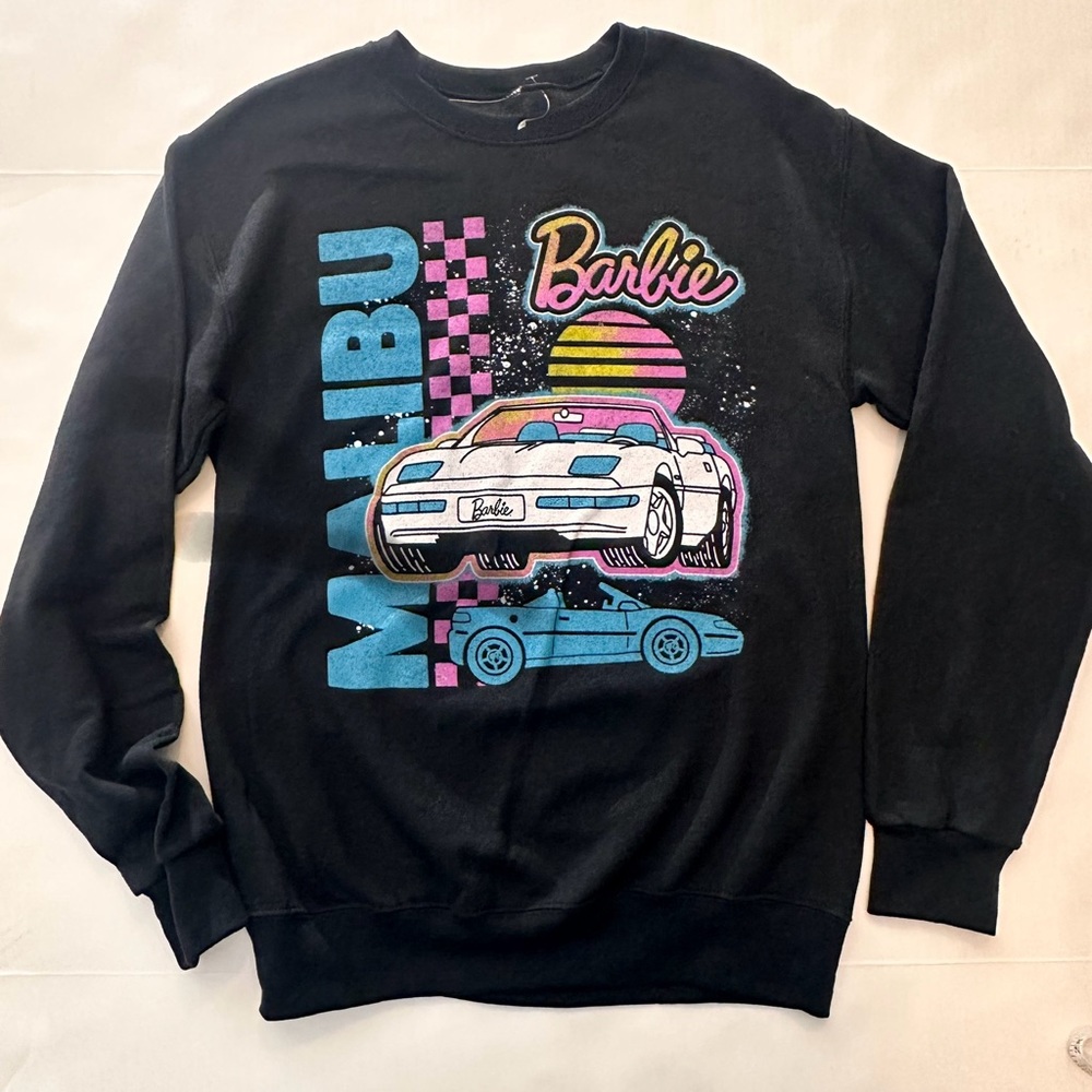 Malibu Barbie Women's Crewneck sz S Black Pink Retro Dream‎ Car New Sweater